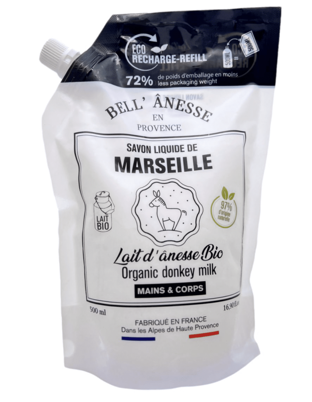 Eco-recharge 500ml savon liquide de Marseille – Lait d&rsquo;ânesse BIO
